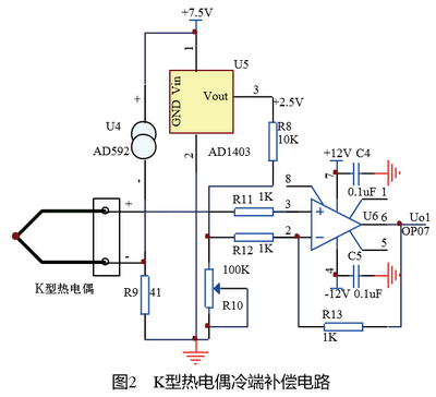 K型熱電偶冷端補(bǔ)償電路圖示